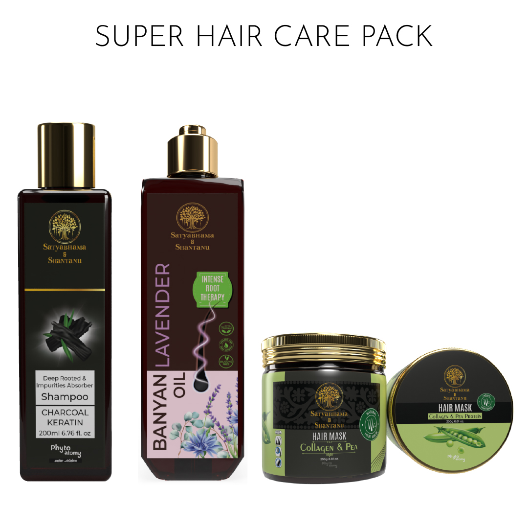 Charcoal Keratin Shampoo (200 ml) + collagen & Pea Protein Hair Mask (250 g) + Banyan Lavender Hair Oil (200 ml)